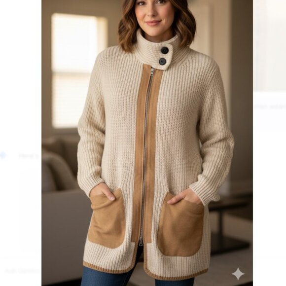 New York & Company Chunky Knit Cardigan Sweater High Neck Full Zip Jacket M - Picture 1 of 9